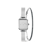 Rectangular silver mesh watch with a minimalist dial paired with a classic tennis bracelet featuring sparkling stones, presented as an elegant and coordinated jewellery set.