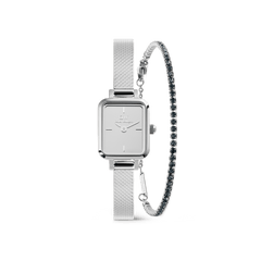 Rectangular silver mesh watch with a minimalist dial paired with a classic tennis bracelet featuring sparkling stones, presented as an elegant and coordinated jewellery set.