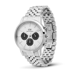 Daniel Wellington Iconic Chronograph Arch 5-Link Off-White Panda Silver watch with a polished stainless steel Jubilee bracelet, featuring a white dial, black sub-dials, and a butterfly clasp.