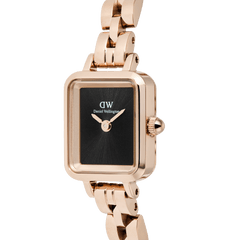 Close-up of the Quadro Mini Arch 3-link Onyx Sunray Rose Gold watch, showing its rectangular rose gold case, black sunray dial, and polished 3-link bracelet.
