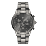 Daniel Wellington Iconic Chronograph Link Graphite watch featuring a monochrome graphite sunray dial, three sub-dials, minimalist markers, and a brushed stainless steel link bracelet.