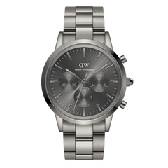 Daniel Wellington Iconic Chronograph Link Graphite watch featuring a monochrome graphite sunray dial, three sub-dials, minimalist markers, and a brushed stainless steel link bracelet.