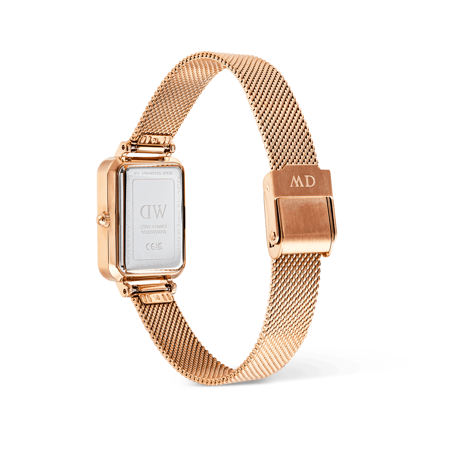 Rear view of the Quadro Melrose women’s watch showing the rose gold mesh strap, engraved clasp, and stainless steel case back with Daniel Wellington branding. The adjustable mesh band and secure fold-over clasp are clearly visible.