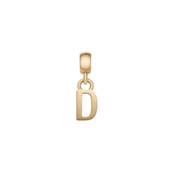 Gold letter D charm with a sleek, minimalist design and polished finish, featuring an adjustable clasp for easy customisation on bracelets or necklaces.