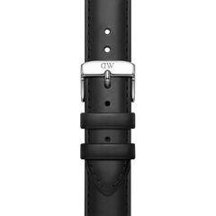 Black genuine leather smartwatch strap with a polished silver buckle engraved with the DW logo, shown in a close-up front view.