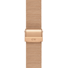 Close-up of the rose gold mesh smartwatch strap with an engraved DW clasp, highlighting the fine stainless steel weave and secure fastening.