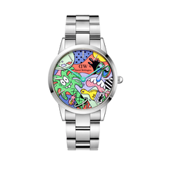 Limited edition Daniel Wellington watch with a polished silver link strap and a vibrant multicolour dial featuring playful Steven Harrington artwork.