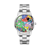 Silver Daniel Wellington watch with a polished stainless steel link strap, featuring a vibrant multicolour dial adorned with playful, art-inspired illustrations by Steven Harrington. The bold design blends contemporary creativity with classic style, making it a standout accessory.