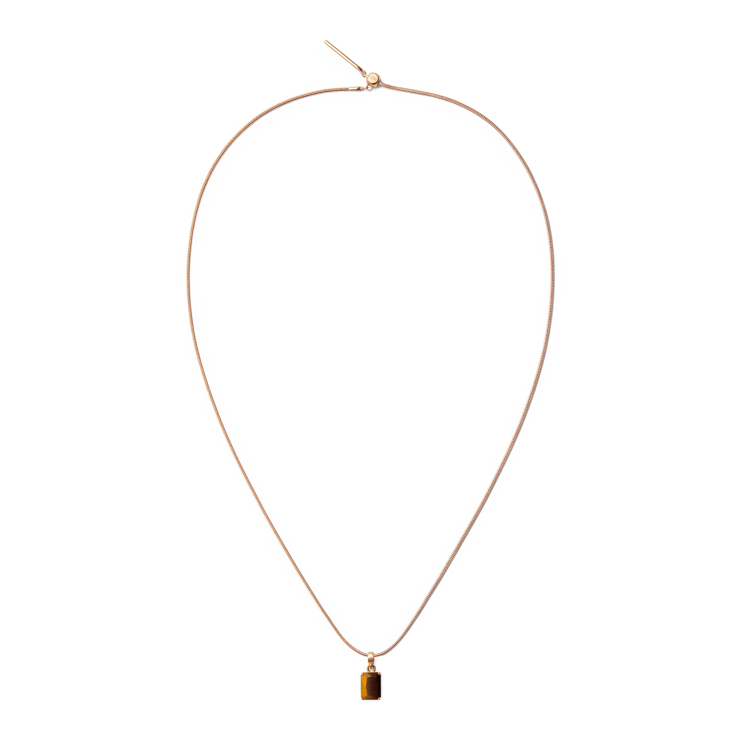 Rose gold necklace featuring an octagonal tiger eye charm with warm golden-brown tones, offering a modern and elegant accessory for everyday wear.