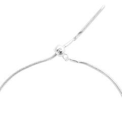 Close-up of the Charms Snake Bracelet S925 Sterling Silver featuring the adjustable sliding clasp with subtle DW engraving and a smooth snake chain.