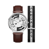 Steven Harrington x Daniel Wellington watch set featuring a silver case with a black and white illustrated dial, paired with a brown leather strap and an additional black and white NATO strap decorated with playful eye motifs.