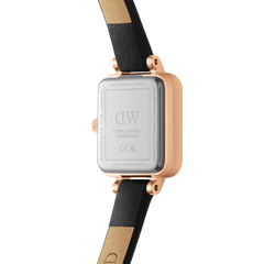 Rear view of the Quadro Mini Sheffield Rose Gold watch showing its engraved stainless steel case back, rose gold finish, and genuine black leather strap.