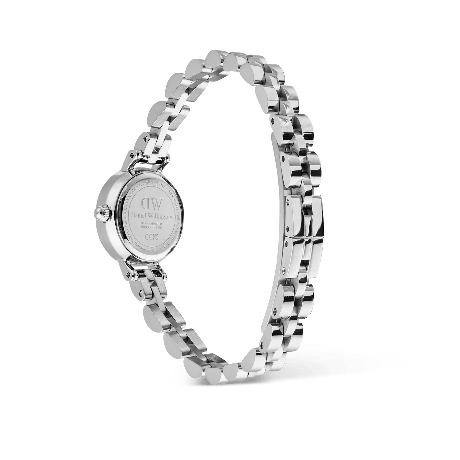 Rear view of the Daniel Wellington Petite Mini Arch 3-link White Silver watch, highlighting the engraved case back and polished stainless steel arched 3-link bracelet with butterfly clasp.