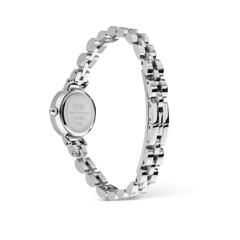 Rear view of the Daniel Wellington Petite Mini Arch 3-link White Silver watch, highlighting the engraved case back and polished stainless steel arched 3-link bracelet with butterfly clasp.