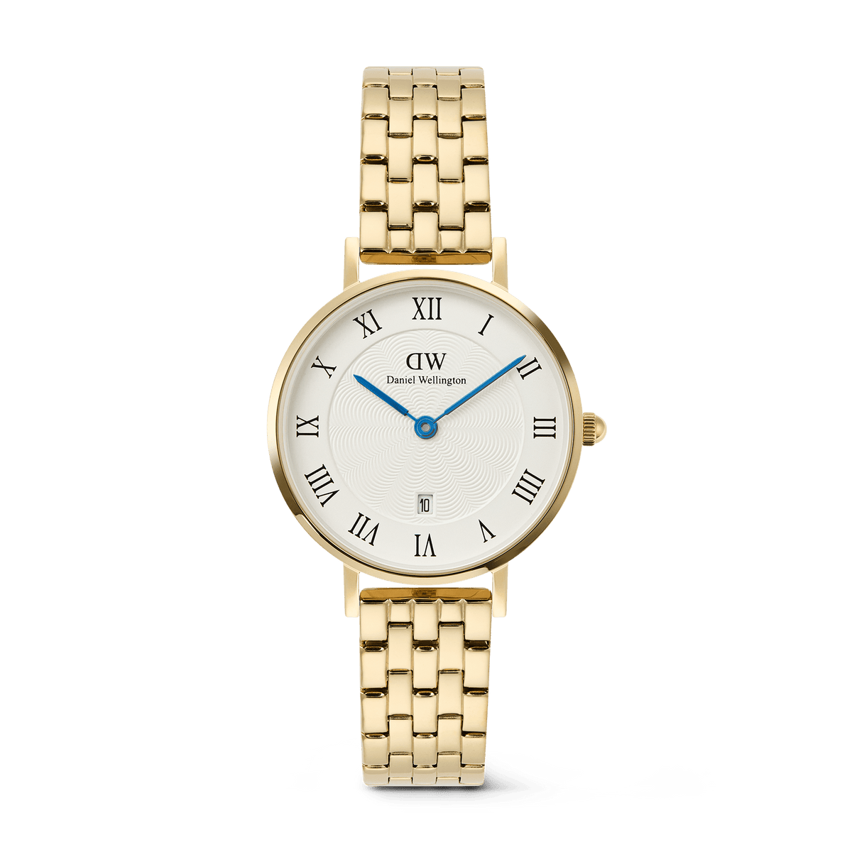 Gold Daniel Wellington women’s watch with a five-link bracelet, white guilloché dial, bold Roman numerals, blue hands, and a date window at 6 o’clock.