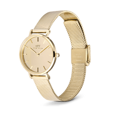 Petite Reflection Gold women’s watch with mirror gold dial and adjustable mesh strap, minimalist Daniel Wellington design.