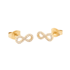 Mirelle Infinity Earring Gold studs featuring an elegant infinity symbol, crafted in gold-plated stainless steel and adorned with sparkling white cubic zirconia crystals.