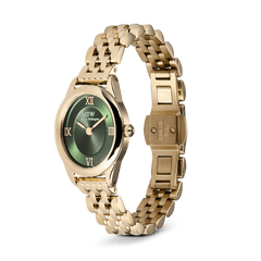 Daniel Wellington Ophelia Mini Emerald Gold watch with an oval emerald green sunray dial, polished gold Roman numerals, and a gold beans link bracelet featuring a butterfly clasp.