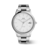 Daniel Wellington Iconic Link Automatic Silver watch featuring a polished stainless steel bracelet, white enamel dial, glow-in-the-dark markers, and a magnified date display.
