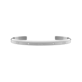 Polished silver cuff bracelet with a slender 4 mm width, featuring six sparkling crystals and engraved detailing, designed in an open, adjustable style for a comfortable fit.