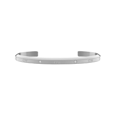 Polished silver cuff bracelet with a slender 4 mm width, featuring six sparkling crystals and engraved detailing, designed in an open, adjustable style for a comfortable fit.