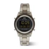 Daniel Wellington Retro Digital Light Grey watch with a transparent bio-based plastic strap and case, featuring a bold black digital display and chronograph function.