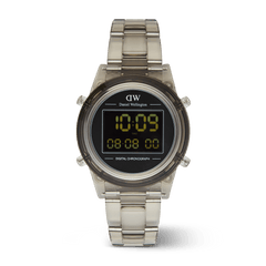 Daniel Wellington Retro Digital Light Grey watch with a transparent bio-based plastic strap and case, featuring a bold black digital display and chronograph function.