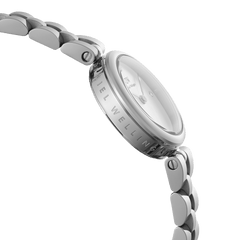 Side view of Elan Lumine Silver women’s watch showing engraved case and polished stainless steel link bracelet.