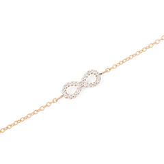 Close-up of the Mirelle Infinity Bracelet Rose Gold, showcasing a fine rose gold chain and a sparkling infinity symbol set with white cubic zirconia crystals.