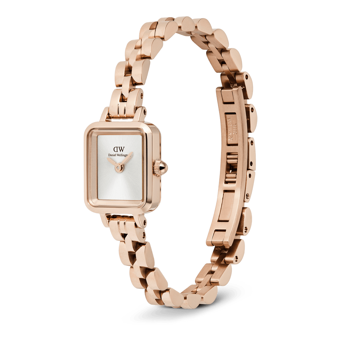 Quadro Mini Arch 3-link White Sunray Rose Gold watch featuring a rectangular silver-white sunray dial, minimalist face, and an open rose gold-plated stainless steel bracelet with a butterfly clasp.