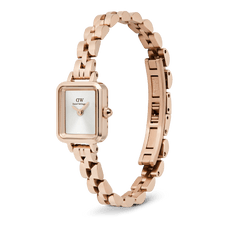 Quadro Mini Arch 3-link White Sunray Rose Gold watch featuring a rectangular silver-white sunray dial, minimalist face, and an open rose gold-plated stainless steel bracelet with a butterfly clasp.