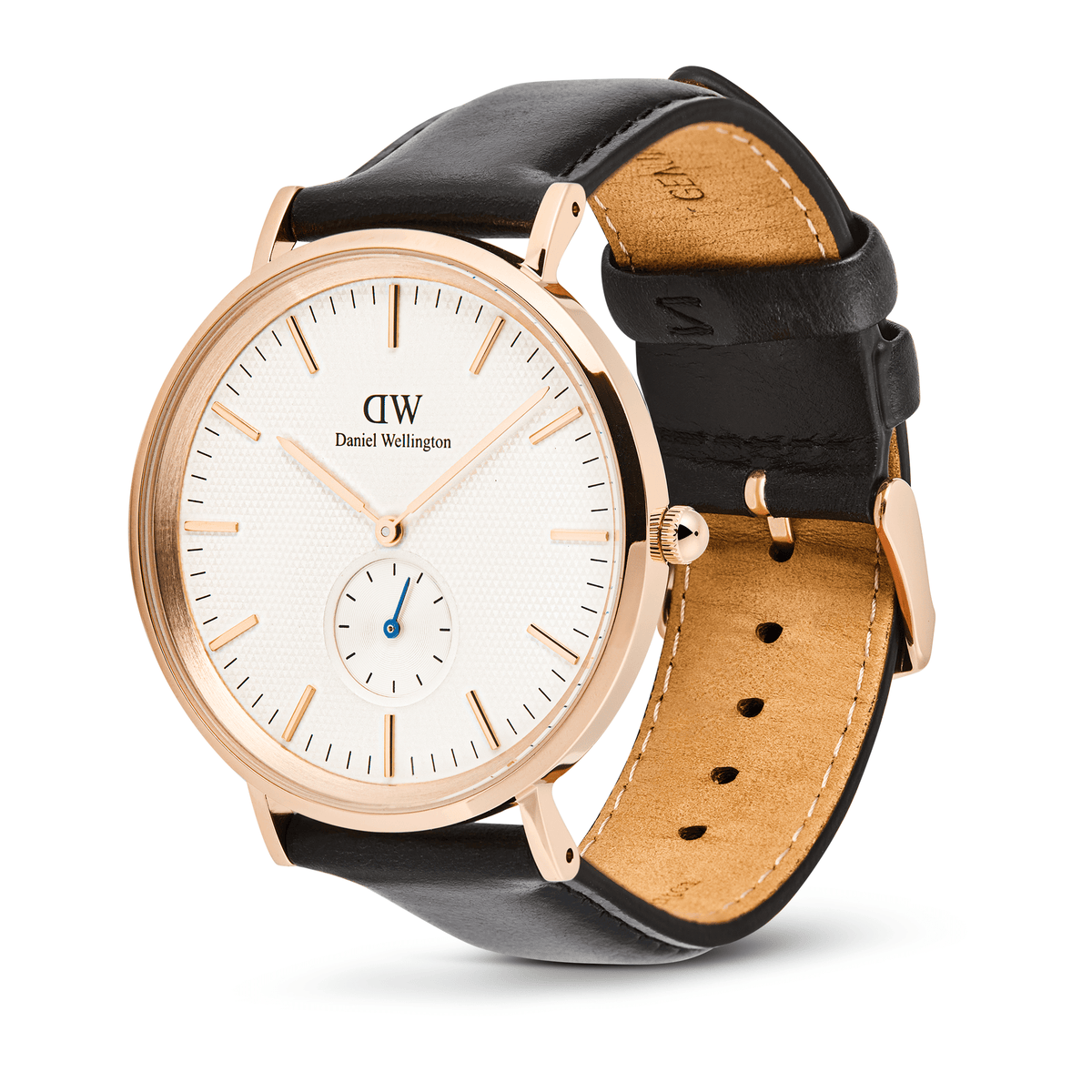 Classic Multi-Eye Sheffield Off-white Sunray Rose Gold watch with a rose gold case, off-white sunray dial featuring a blue sub-second hand, and a genuine black leather strap with pin buckle closure.