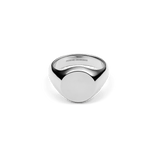 Polished silver signet ring with a flat, engravable face and minimalist design, crafted from durable stainless steel.