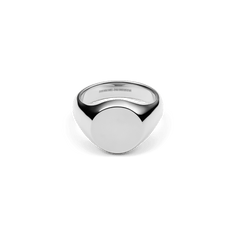 Polished silver signet ring with a flat, engravable face and minimalist design, crafted from durable stainless steel.