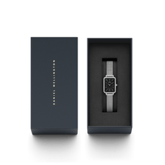 Daniel Wellington Quadro Lumine Bezel Sterling Black MOP watch with mesh strap presented in a sleek gift box.