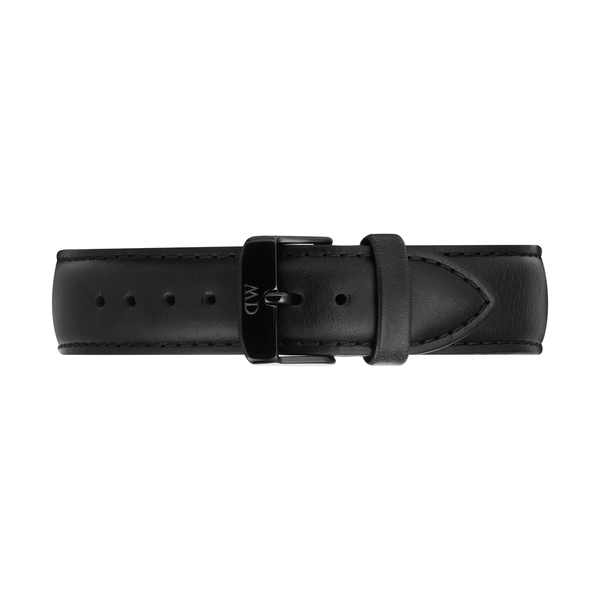 Black leather watch strap with a tapered design, featuring detailed stitching and an onyx black PVD-plated stainless steel buckle engraved with the Daniel Wellington logo. The strap has a smooth finish and a quick-release connector for easy attachment.