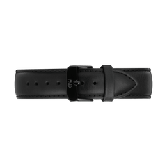 Black leather watch strap with a tapered design, featuring detailed stitching and an onyx black PVD-plated stainless steel buckle engraved with the Daniel Wellington logo. The strap has a smooth finish and a quick-release connector for easy attachment.