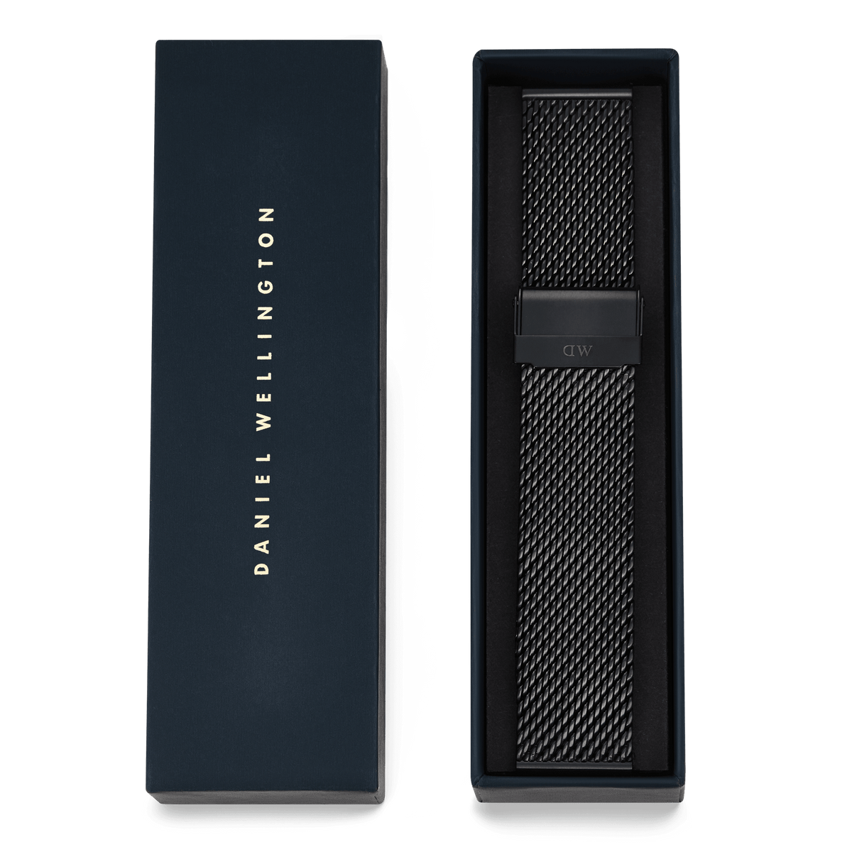Onyx Mesh Strap presented in an elegant Daniel Wellington gift box, featuring a black stainless steel mesh design with a refined clasp, ideal for gifting or updating your watch.