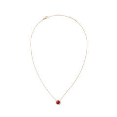Rose gold necklace with a round red agate pendant, haloed by white crystals on a fine adjustable chain.