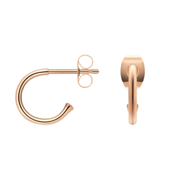 Charms Earrings Rose Gold featuring a minimalist open hoop design in polished rose gold-plated stainless steel with secure butterfly backs, shown from side and front views.