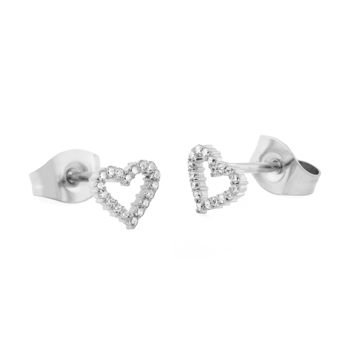Mirelle Heart Earring Silver studs shown with butterfly backs, featuring open heart shapes crafted from polished stainless steel and set with sparkling white cubic zirconia crystals.