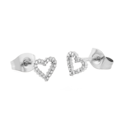 Mirelle Heart Earring Silver studs shown with butterfly backs, featuring open heart shapes crafted from polished stainless steel and set with sparkling white cubic zirconia crystals.