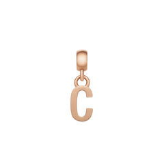 Rose gold letter C charm with a sleek, polished finish and minimalist style, designed in stainless steel with a secure anti-slip silicone lining for easy attachment to bracelets or necklaces.
