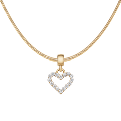 Gold snake chain necklace featuring an open heart-shaped charm, adorned with sparkling white crystals set in a delicate gold frame.