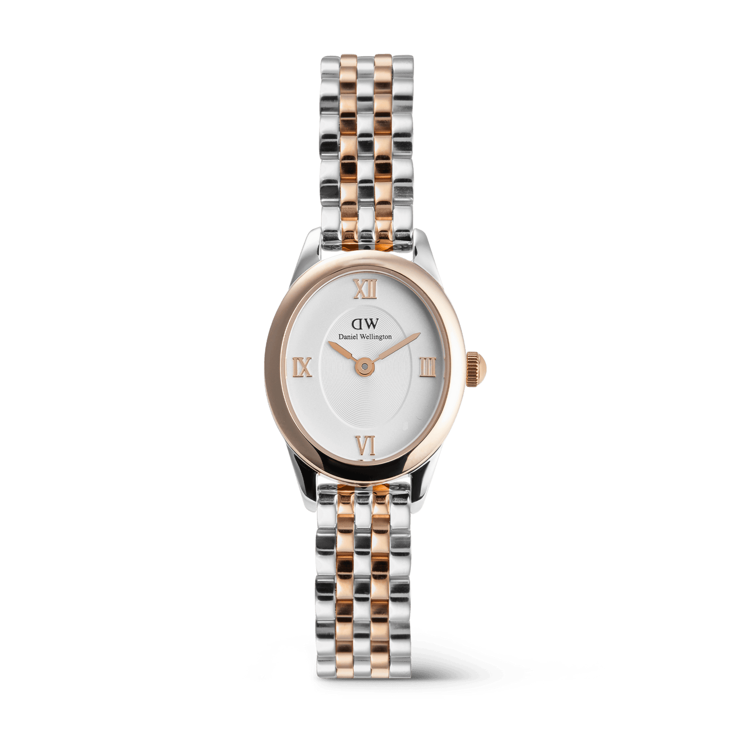 Ophelia Mini Two-Tone Rose Gold women’s watch featuring an oval white sunray dial with rose gold Roman numerals, set in a polished rose gold bezel and finished with a slender silver and rose gold beans link bracelet.
