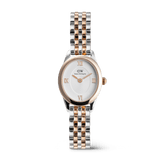 Ophelia Mini Two-Tone Rose Gold women’s watch featuring an oval white sunray dial with rose gold Roman numerals, set in a polished rose gold bezel and finished with a slender silver and rose gold beans link bracelet.
