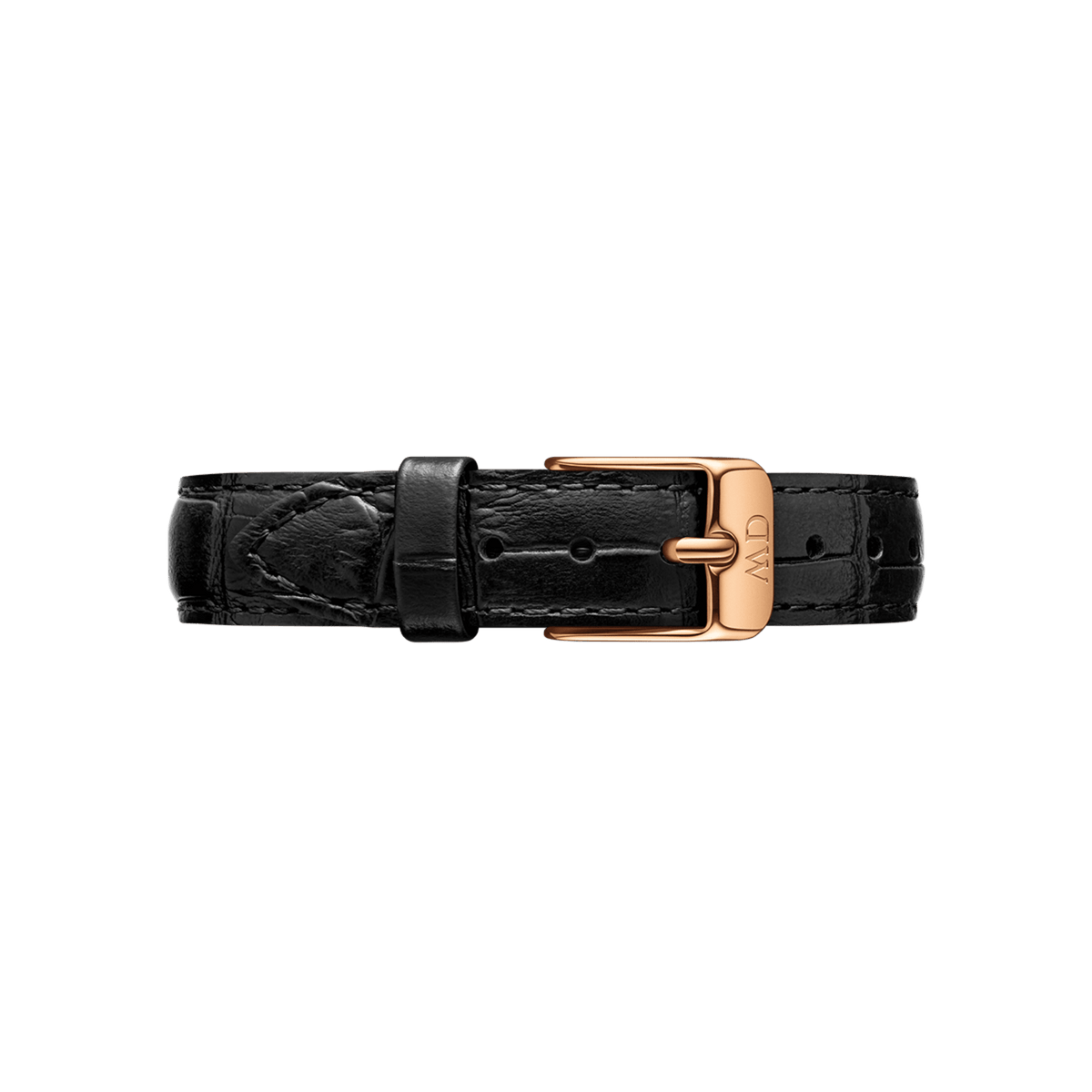 Croc-embossed black leather watch strap featuring a rose gold buckle engraved with subtle branding, shown fastened to highlight its sleek, sophisticated design.