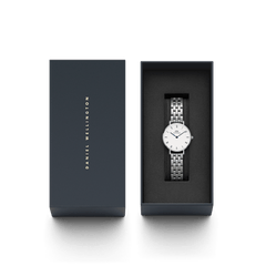 Petite Roman Numerals 5-Link Silver watch with white dial in Daniel Wellington gift box, perfect for special occasions.