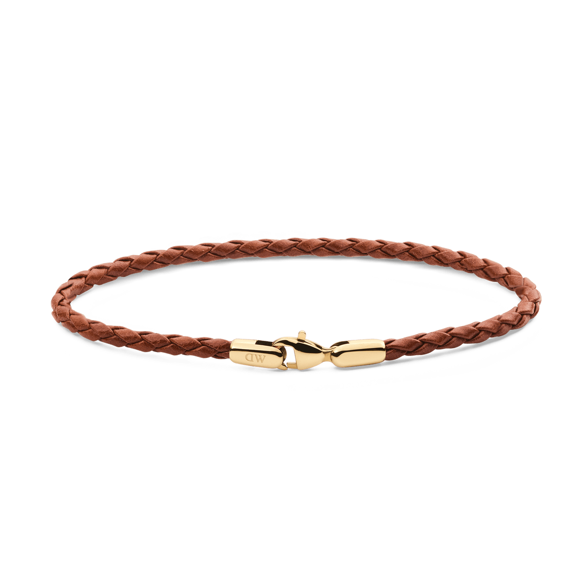 Slim braided brown leather bracelet featuring a polished gold-tone stainless steel lobster clasp, engraved with subtle branding for an elegant and versatile look.