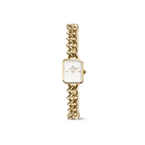 Gold women’s bracelet watch with chunky chain strap, square white dial, and minimalist gold hour markers.